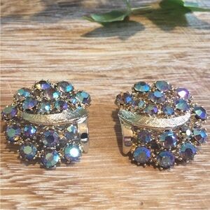 Vintage 50s Aurora Borealis Clip On Earrings Gold Tone
